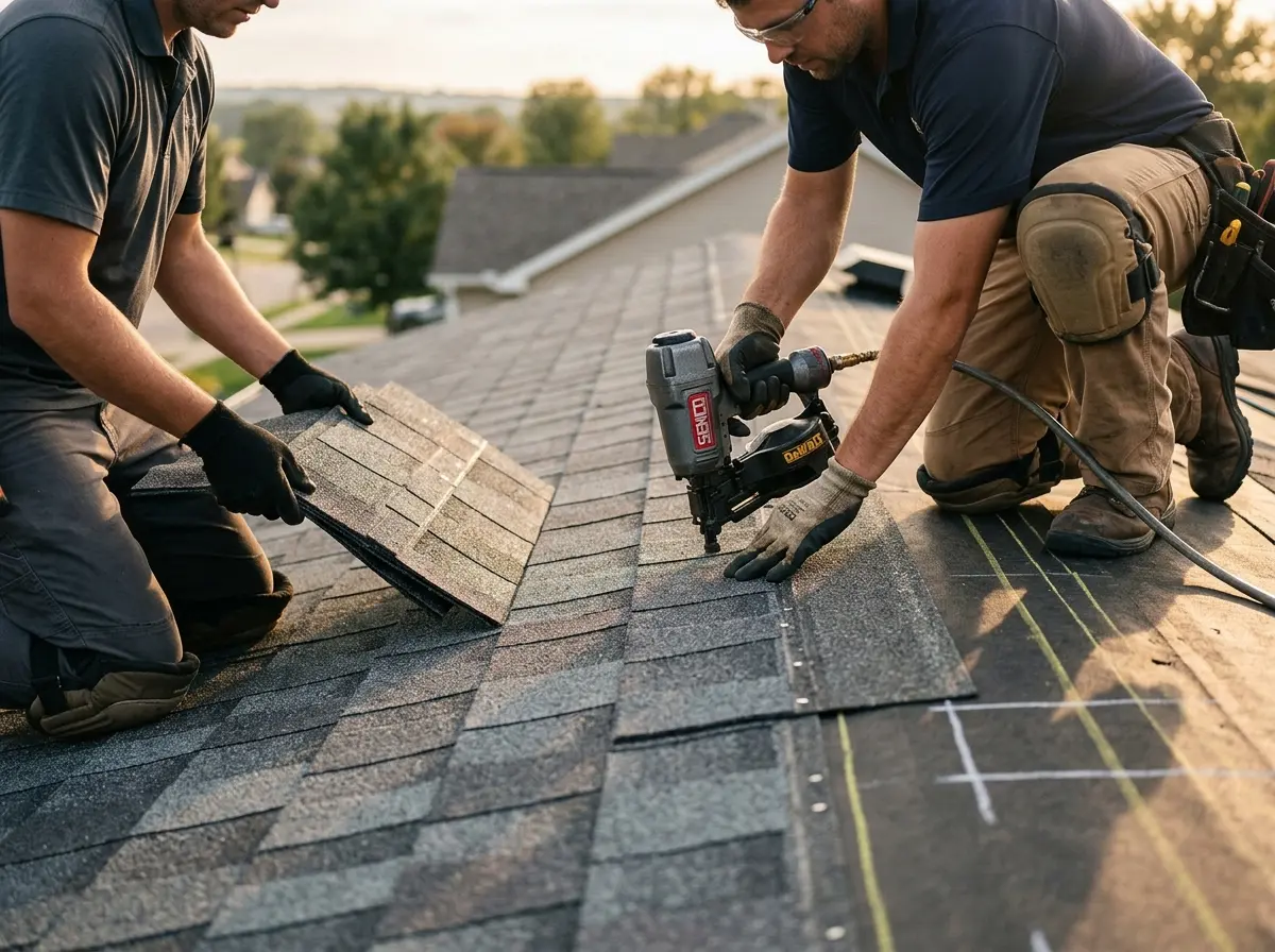 Professional roofer working on a residential roof in Poway
